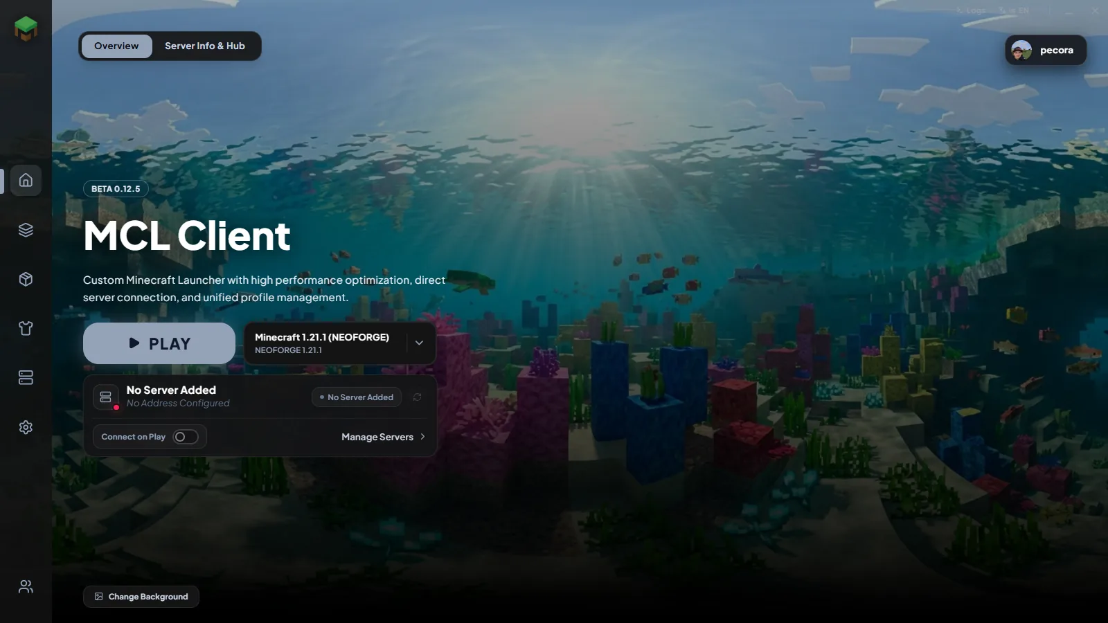 MCL Client home screen with the Play button and a NeoForge 1.21.1 profile